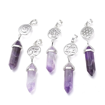 Natural Amethyst Pointed Big Pendants, Double Terminated Pointed, with Platinum Plated Brass Findings, Faceted, Bullet, 59~67x14~15mm, Hole: 7x5mm, Gemstone: 41~44x8mm