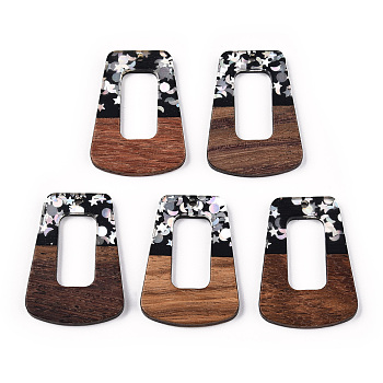 Opaque Resin & Walnut Wood Pendants, Trapezoid Charms with Stars & Moon & Sun Paillettes, Silver, 38x27x3mm, Hole: 2mm