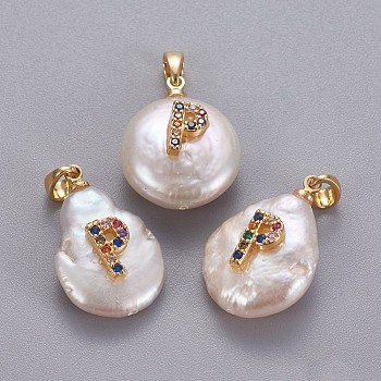 Natural Cultured Freshwater Pearl Pendants, with Brass Micro Pave Cubic Zirconia Findings, Nuggets with Letter, Long-Lasting Plated, Golden, Colorful, Letter.P, 17~27x12~16x6~12mm, Hole: 4x2.5mm