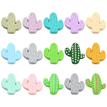 30Pcs 15 Colors Food Grade Eco-Friendly Silicone Beads, Chewing Beads For Teethers, DIY Nursing Necklaces Making, Cactus, Mixed Color, 24x22.5x8mm, Hole: 2mm, 2pcs/color