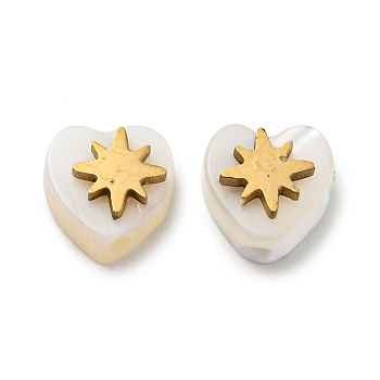 Natural Shell Heart Beads, with 304 Stainless Steel Star Ornament, Real 18K Gold Plated, 6x6x3.5mm, Hole: 0.6mm