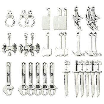 40Pcs 8 Styles Tibetan Style Alloy Pendants, Tools Charm, Antique Silver, 17~42.5x9~13x1.5~3.5mm, Hole: 1.5~5mm, 5pcs/style