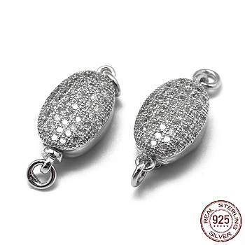 Rhodium Plated 925 Sterling Silver Bayonet Clasps, with 925 Stamp, with Cubic Zirconia, Oval, Clear, Platinum, 16.5x8x5.5mm, Hole: 1.5mm
