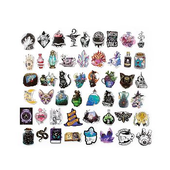 50Pcs Magic Witch Theme Paper Stickers Sets, Adhesive Decals for DIY Scrapbooking, Photo Album Decoration, Mixed Color, 43~71x29~69x0.2mm