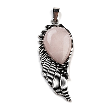 Natural Rose Quartz Big Pendants, Wing Charms with Alloy Findings, Antique Silver, 56.5~57x22.5~23x7~8mm, Hole: 4x8.5mm