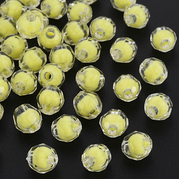 Transparent Acrylic Beads, Bead in Bead, Faceted, Round, Yellow, 8x7.5mm, Hole: 2mm, about 2000pcs/500g