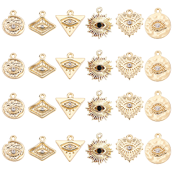 24Pcs 6 Style Alloy Pendants, with Crystal Rhinestone, Cadmium Free & Nickel Free & Lead Free, Mixed Shapes with Eye, Real 18K Gold Plated, 13.5~17x12~15x2~3mm, Hole: 1.5mm, 4pcs/style