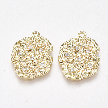 Brass Pendants, with Cubic Zirconia, Nickel Free, Real 18K Gold Plated, Flat Round, Clear, 20x15x1.5mm, Hole: 1.4mm
