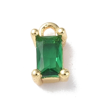 Brass Charms, with Glass, Rectangle Charm, Real 18K Gold Plated, Green, 8x4x3.5mm, Hole: 1.2mm
