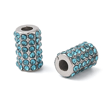 304 Stainless Steel Beads, with Rhinestone, Column, Stainless Steel Color, Aquamarine, 11x7mm, Hole: 3mm