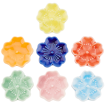 7Pcs 7 Colors Japanese Style Sakura Flower Ceramic Paint Brush Pen Holders, Mixed Color, 46x47x7mm, 1pc/color