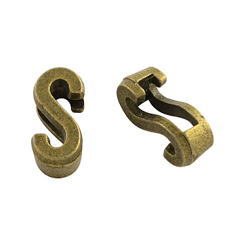Tibetan Style Alloy Letter Slide Charms, Cadmium Free & Nickel Free & Lead Free, Letter.S, 11x2~8x4mm, Hole: 7x2mm, about 1135pcs/1000g