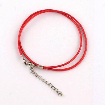 Waxed Cotton Cord Necklace Making, with Alloy Lobster Claw Clasps and Iron End Chains, Platinum, Red, 17.3 inch