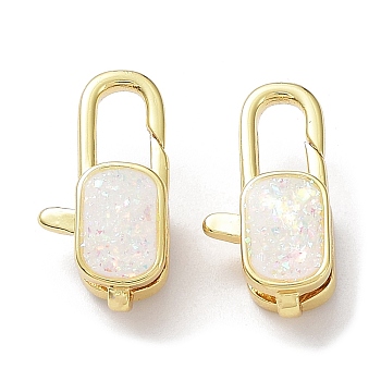Rack Plating Brass Lobster Claw Clasps, with Resin Imitation Opal, Cadmium Free & Lead Free, Real 18K Gold Plated, Long-Lasting Plated, Rectangle, 17.5x9.5x6mm, Hole: 3x1mm