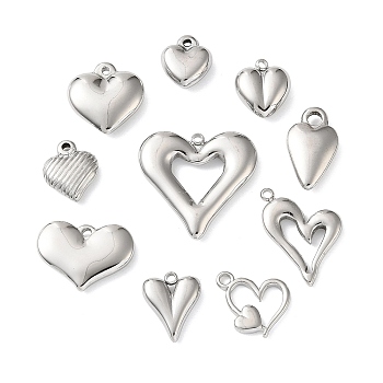 10Pcs 304 Stainless Steel Pendants, Heart, Stainless Steel Color, 12.5~24x11~25x2~4mm, Hole: 1.4~1.8mm