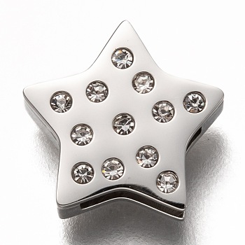 304 Stainless Steel Slide Charms, with Rhinestone, Star, Crystal, Stainless Steel Color, 12x12x3.5mm, Hole: 8x1.5mm