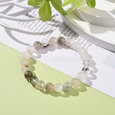 Natural Green Lodolite Quartz/Garden Quartz Round Beaded Stretch Bracelet(BJEW-JB08919-02)-2