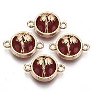 Glass Links connectors, with Light Gold Plated Alloy Findings, Flat Round with Flower, Dark Red, 13.5x19.5x5.5mm, Hole: 1.6mm(GLAA-T015-21E)