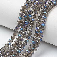 Electroplate Glass Beads Strands, Half Plated, Blue Plated, Faceted, Rondelle, Coffee, 6x5mm, Hole: 1mm, about 85~88pcs/strand, 16.1~16.5 inch(41~42cm)(EGLA-A034-T6mm-I10)