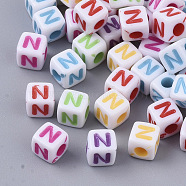White Opaque Acrylic Beads, Horizontal Hole, Cube with Mixed Color Letter, Letter.N, 5x5x5mm, Hole: 2mm, about 5000pcs/500g(MACR-R869-01N)