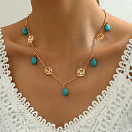 Natural Turquoise Teardrop Bib Necklaces, Brass Flower Pendant Necklaces for Women, Golden, 19.69 inch(50cm)(VM8993)