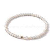 Synthetic Turquois & Natural Pearl Beaded Stretch Bracelet, White, Inner Diameter: 2-1/8 inch(5.5cm)(BJEW-JB09919)