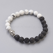Natural Lava Rock Beads and Natural Howlite Beads Stretch Bracelets, with Alloy Findings, Buddha, Burlap Packing, Antique Silver, 2-1/8 inch(5.3cm), Bag: 12x8.5x3cm(BJEW-JB03851-02)
