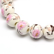 Handmade Flower Printed Porcelain Ceramic Beads Strands, Round, Pearl Pink, 10mm, Hole: 2mm, about 35pcs/strand, 13.5 inch(PORC-M007-10mm-06)