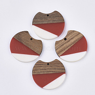 Two Tone Resin & Walnut Wood Pendants, Gap Flat Round, FireBrick, 33~34x37x3~4mm, Hole: 1.8~2mm(RESI-Q210-011A-B03)