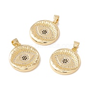 Brass Micro Pave Clear & Black Cubic Zirconia Pendants, Cadmium Free & Lead Free, Flat Round with Eye, Real 18K Gold Plated, 22x20x2mm, Hole: 3x4mm(KK-G415-10G)