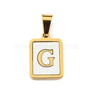 PVD Vacuum Plating 304 Stainless Steel Pave Natural White Shell Pendants, Rectangle with Letter Charms, Golden, Letter G, 17.5x12x1.5mm, Hole: 6x3mm(STAS-S130-03G-G)