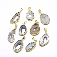Plated Natural Druzy Grey Agate Pendants, with Brass Findings, Golden, 25~40x15~25x4~5mm, Hole: 5x7mm(G-R435-28)
