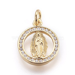 Brass Micro Pave Cubic Zirconia Pendants, Lady of Guadalupe Charms, Lead Free & Cadmium Free, Flat Round with Virgin Mary, Golden, 15.5x13x2mm, Hole: 3mm(X-ZIRC-E152-14G-RS)