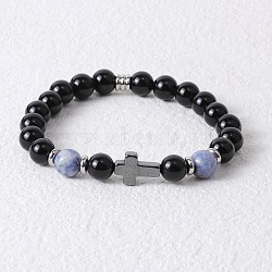 Round Natural Sodalite & Black Onyx & Cross Synthetic Non-magnetic Hematite Stretch Beaded Bracelet for Men(LK6258-3)