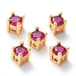 Brass inlaid Cubic Zirconia Slide Charms, Real 18K Gold Plated, Flat Round, Medium Violet Red, 4.5x4.5x5mm, Hole: 1x1.5mm(ZIRC-F125-02D-G)