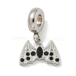 304 Stainless Steel Black Enamel European Dangle Charms, Bat Large Hole Pendants with Jet Rhinestones, Stainless Steel Color, 21mm, Hole: 4.5mm, Batt: 10x14x2mm(STAS-U005-35P)