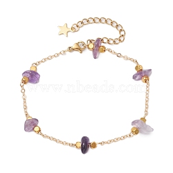 Natural Amethyst Beaded Bracelets, Brass Cable Chains Jewelry for Women, 7-1/4 inch(18.5cm)(BJEW-JB11310-01)