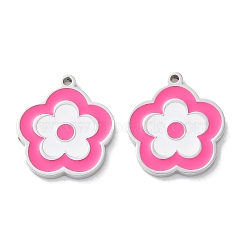 304 Stainless Steel Charms, with Enamel, Flower Charm, Hot Pink, 15x13.5x1.5mm, Hole: 1mm(STAS-M102-02P)