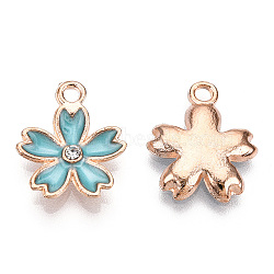 Alloy Enamel Pendants, with Rhinestone, Flower Charm, Cadmium Free & Lead Free, Golden, Cadet Blue, 17x14x3.5mm, Hole: 1.8mm(ENAM-S113-27E-01)