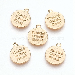 Brass Charms, Flat Round with Thankful Grateful Blessed, Nickel Free, Real 18K Gold Plated, 13x11x1mm, Hole: 1mm(X-KK-T020-84G)