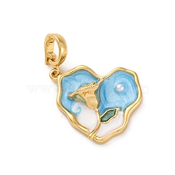 Brass Enamel Pendants, with ABS Imitation Pearl, Real 18K Gold Plated, Heart with Flower Charm, Sky Blue, 35mm, Hole: 6x4.5mm(KK-S502-09G-A)