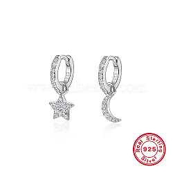 Anti-Tarnish Rhodium Plated 925 Sterling Silver Dangle Hoop Earring, Clear Cubic Zirconia Moon & Star Asymmetrical Earrings, with 925 Stamp, Platinum, 12mm(XF5476-1)