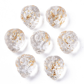 Transparent Spray Painted Glass Beads, with Golden Foil, Half Drilled, Textured, Strawberry Shape, Clear, 13x11x10mm, Hole: 1mm