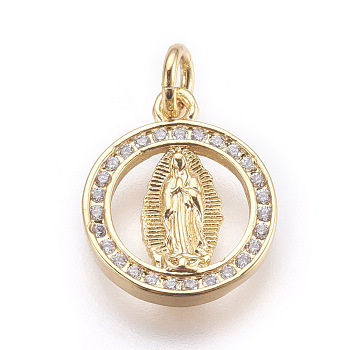 Brass Micro Pave Cubic Zirconia Pendants, Lady of Guadalupe Charms, Lead Free & Cadmium Free, Flat Round with Virgin Mary, Golden, 15.5x13x2mm, Hole: 3mm