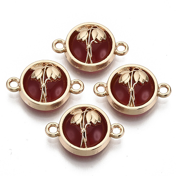 Glass Links connectors, with Light Gold Plated Alloy Findings, Flat Round with Flower, Dark Red, 13.5x19.5x5.5mm, Hole: 1.6mm
