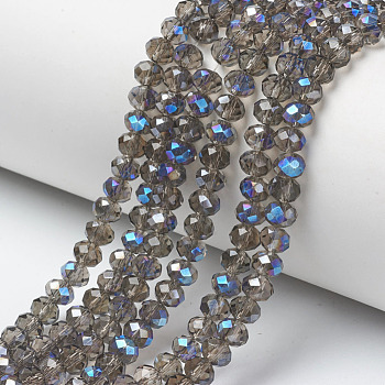 Electroplate Glass Beads Strands, Half Plated, Blue Plated, Faceted, Rondelle, Coffee, 6x5mm, Hole: 1mm, about 85~88pcs/strand, 16.1~16.5 inch(41~42cm)