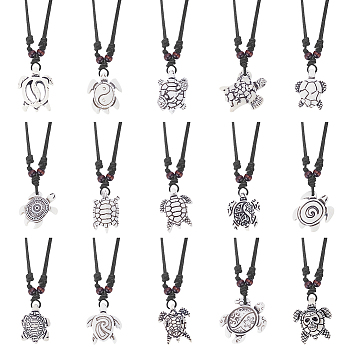 15Pcs 15 Styles Tortoise Resin Pendant Necklaces Set with Adjustable Cotton Cords, Yin Yang & Skull & Evil Eye Pattern, WhiteSmoke, 19.29~37.40 inch(49~95cm), 1Pc/style