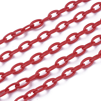 ABS Plastic Cable Chains, Oval, Red, 13x7~7.5x2mm, about 15.35~15.74 inch(39~40cm)/strand