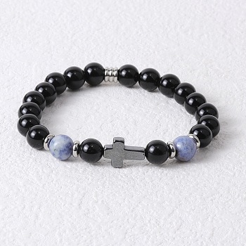 Round Natural Sodalite & Black Onyx & Cross Synthetic Non-magnetic Hematite Stretch Beaded Bracelet for Men