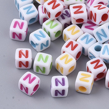 White Opaque Acrylic Beads, Horizontal Hole, Cube with Mixed Color Letter, Letter.N, 5x5x5mm, Hole: 2mm, about 5000pcs/500g